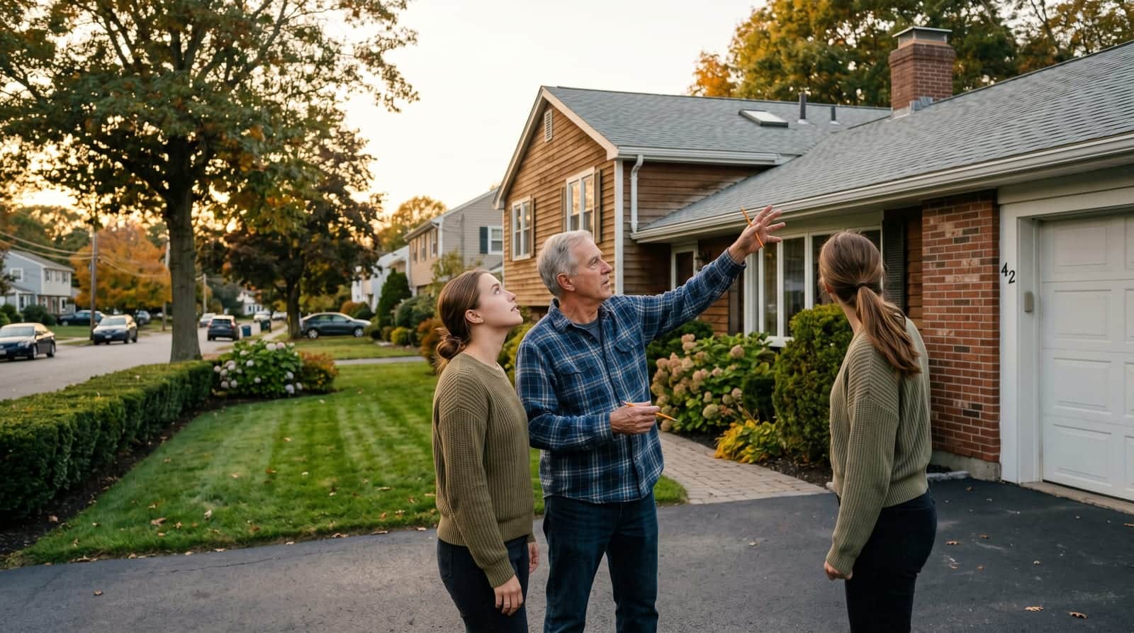 Quincy father and daughter looking up at the roof of a split-level suburban home with mature trees