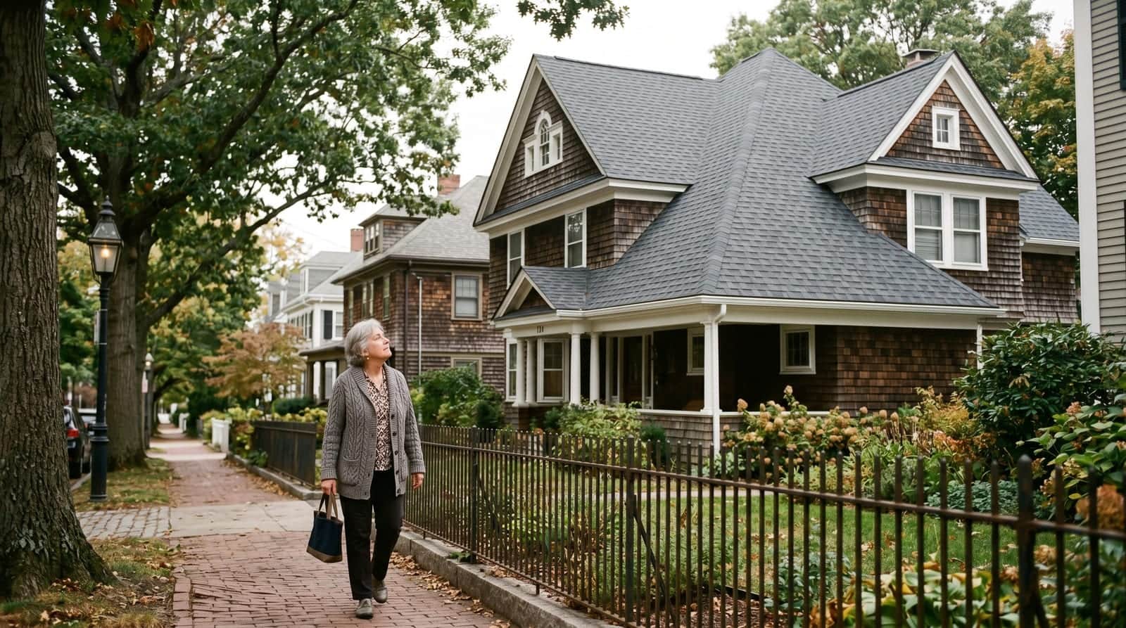 Rhode Island homeowner examining the roof of a Providence East Side shingle-style colonial