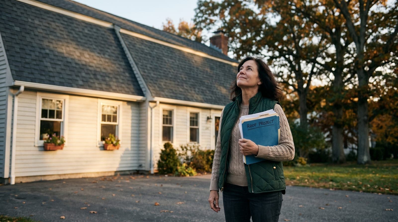 New England homeowner reviewing their new architectural shingle roof on a sunny afternoon