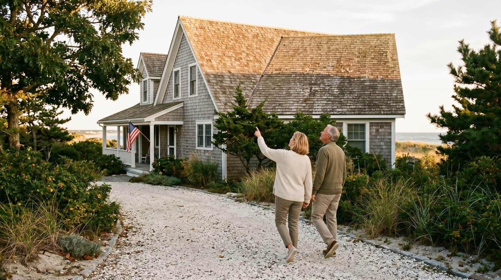 South Kingstown homeowners inspecting the roof of their coastal shingle-style home