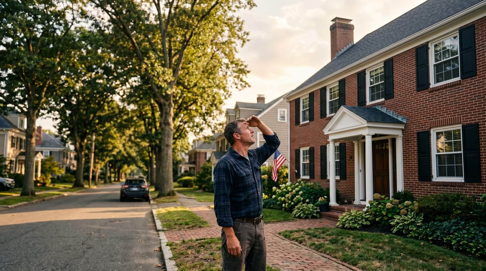 Springfield homeowner studying the roof and chimney of a brick Colonial home on a street lined with mature oaks