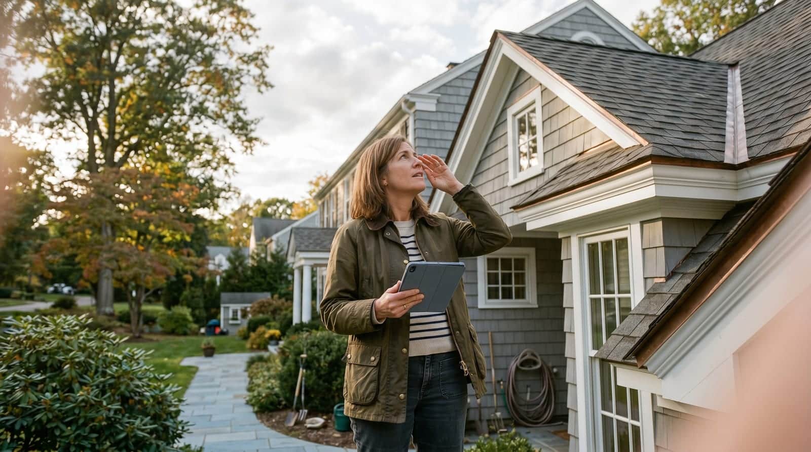 Stamford, Connecticut homeowner holding a tablet and looking up at the dormer roofline of a shingle-style center-hall Colonial home