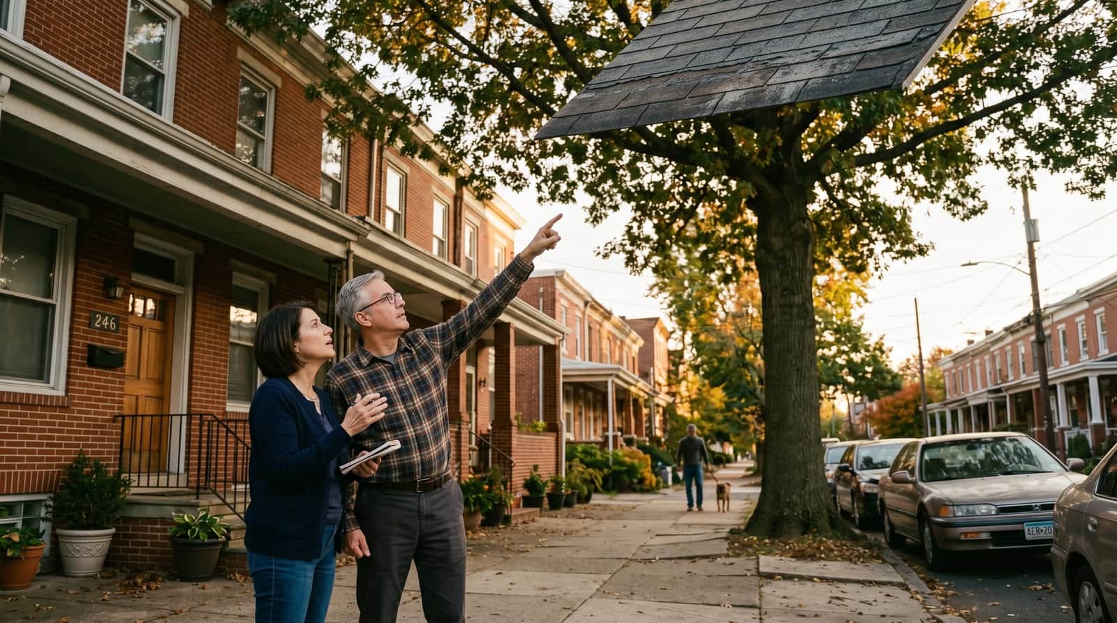Trenton NJ couple under mature oaks discussing the roof of their brick Colonial row home