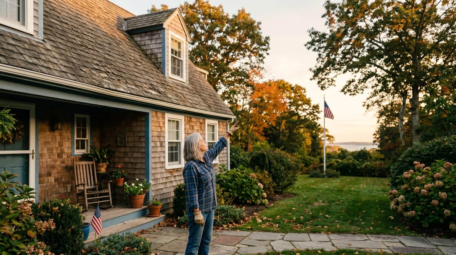 Warwick homeowner examining the roof of her coastal Cape Cod home