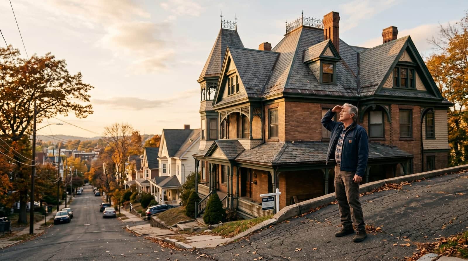 Waterbury, Connecticut homeowner standing in a sloped driveway inspecting the roof of a historic brass-city Victorian multi-family home