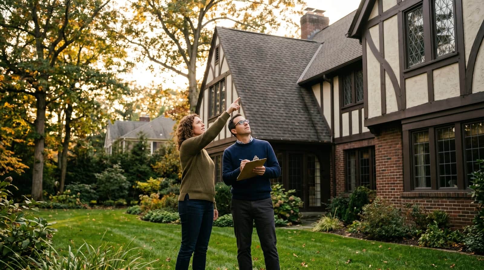 West Hartford, Connecticut couple reviewing the roofline of an upscale Tudor Colonial Revival home while taking notes on a clipboard