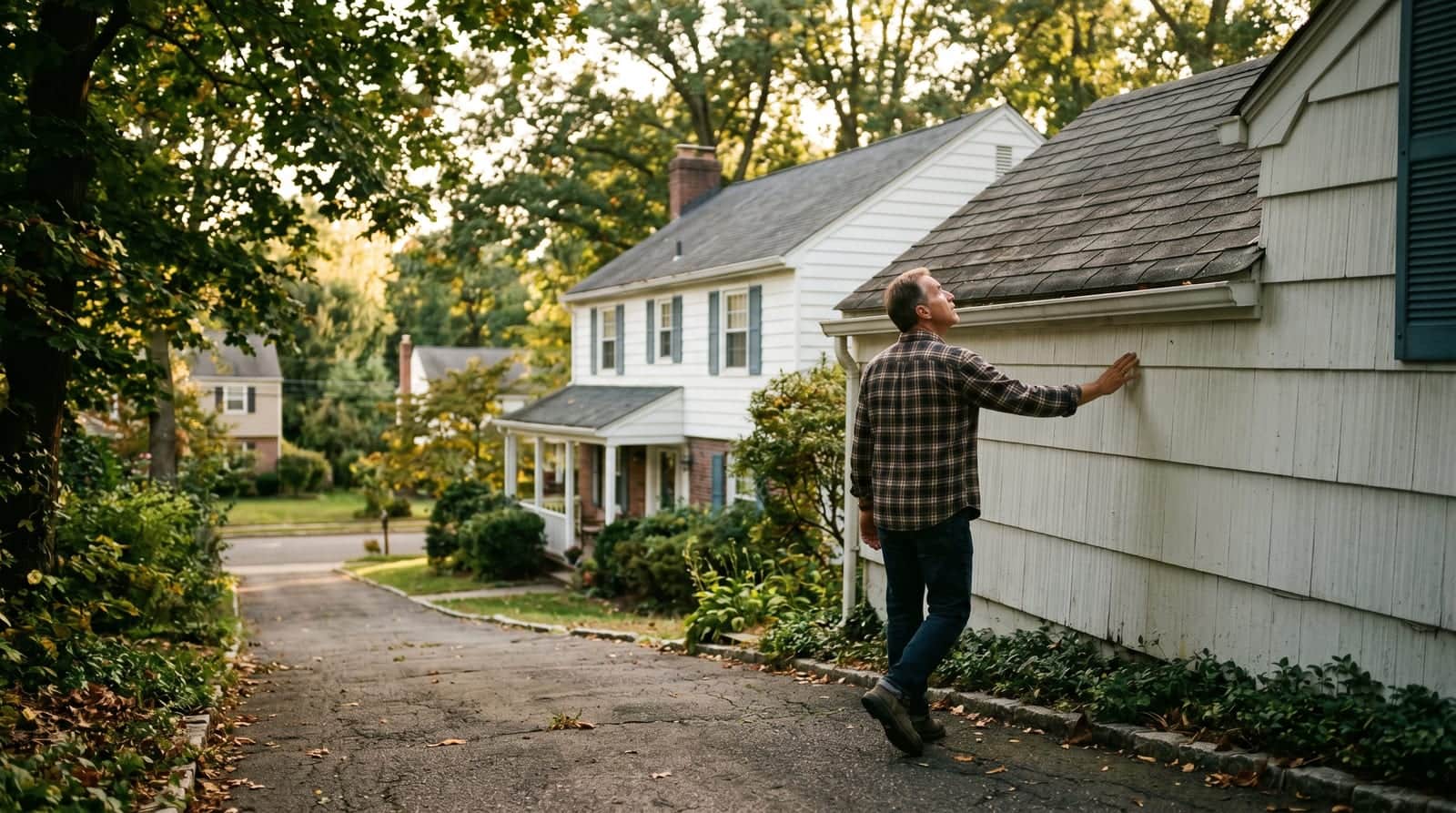 Woodbridge NJ homeowner pausing in a leafy driveway to look up at the Colonial home's shingle roof