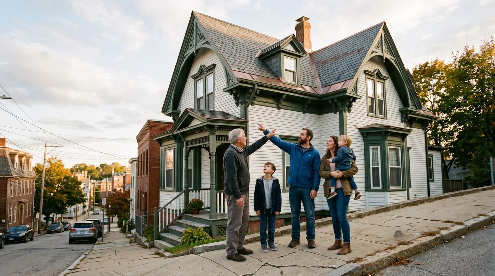 Woonsocket family examining the roof of their historic mill-city Victorian