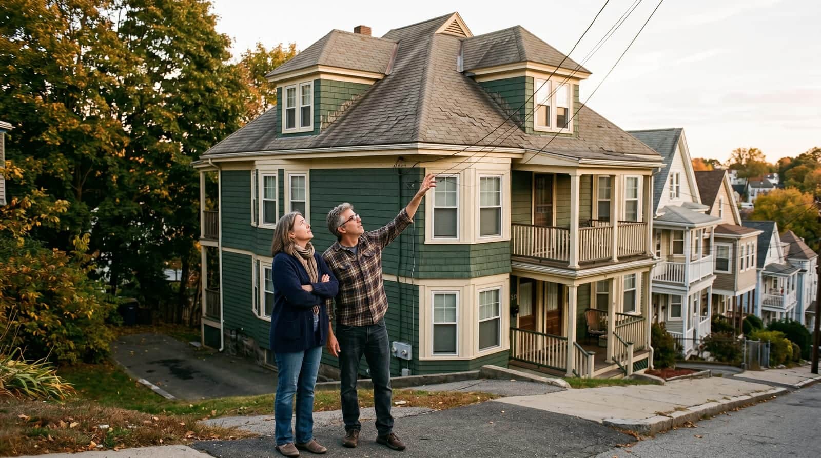 Worcester couple looking up at the roof of a classic three-decker on a hilly residential street