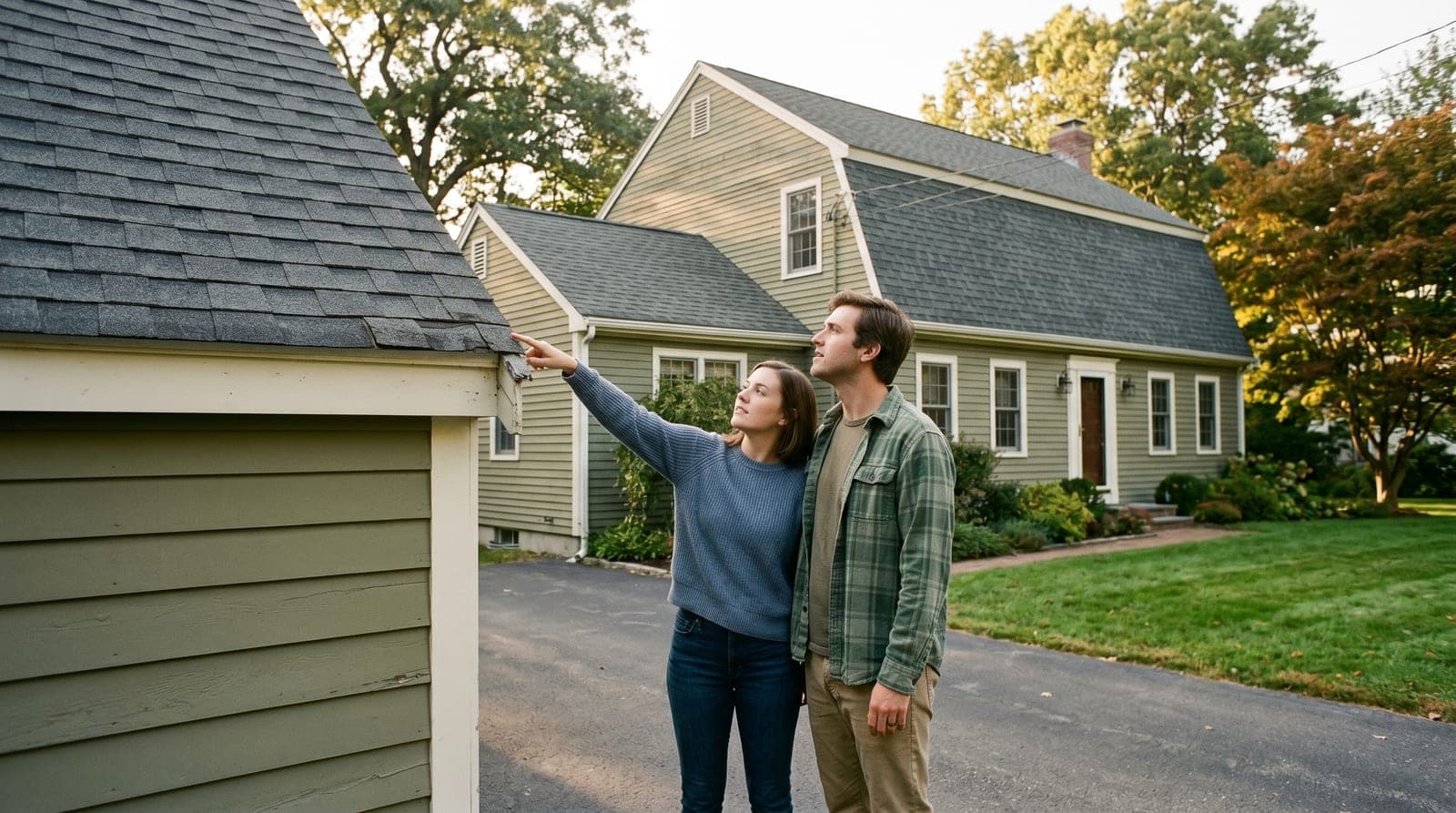 New England homeowners reviewing their roof together on a sunny afternoon