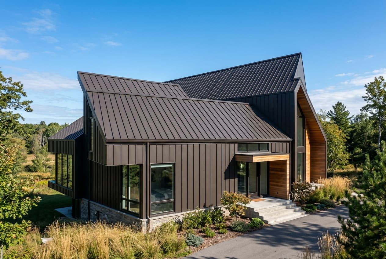 Standing seam metal roof with clean vertical lines on residential home