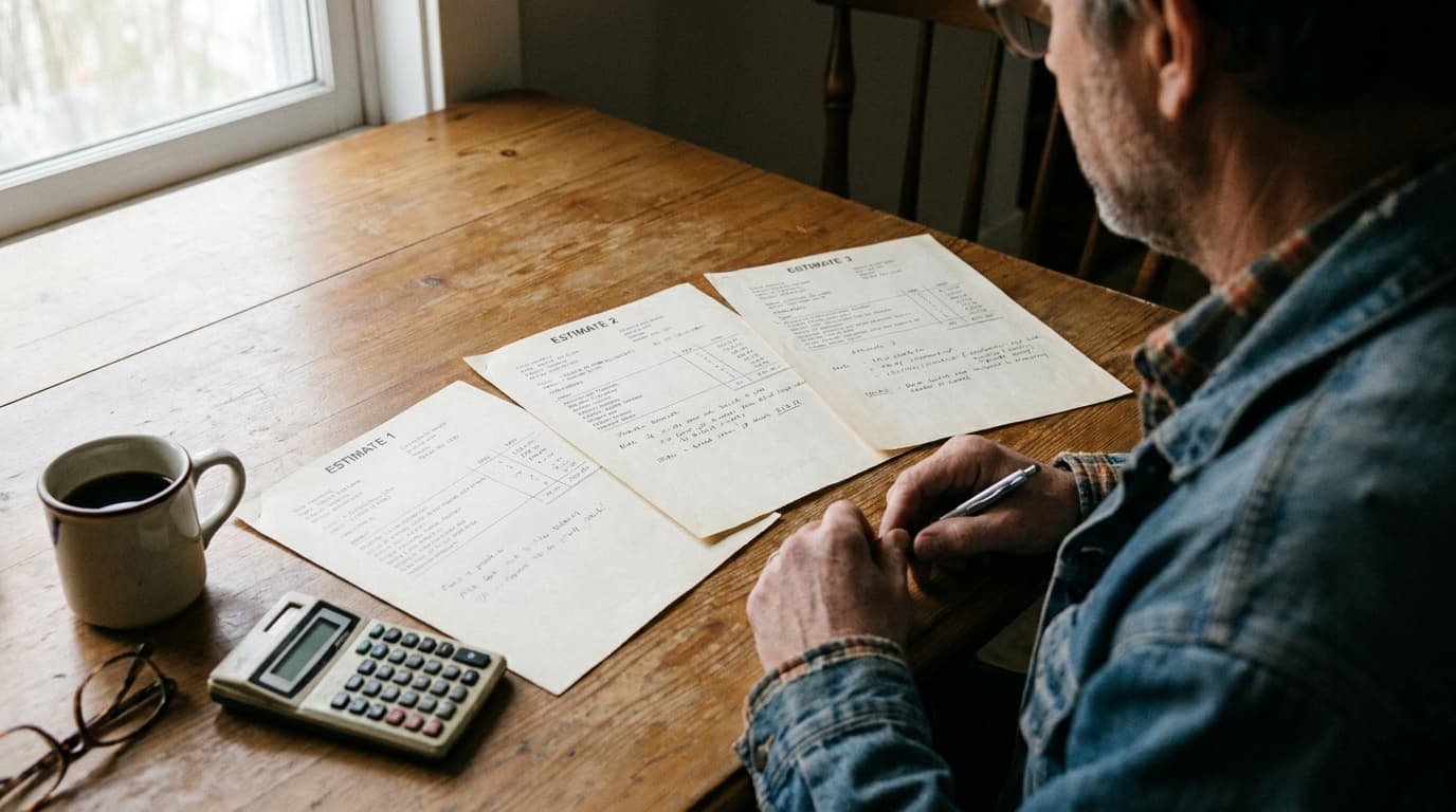 Homeowner reviewing roofing estimates at kitchen table