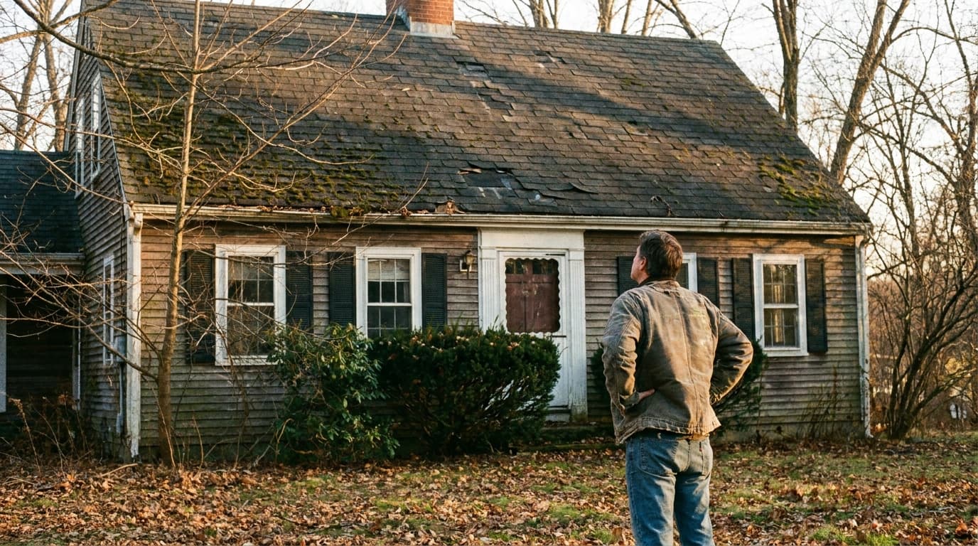 Homeowner looking up at residential roof from front yard