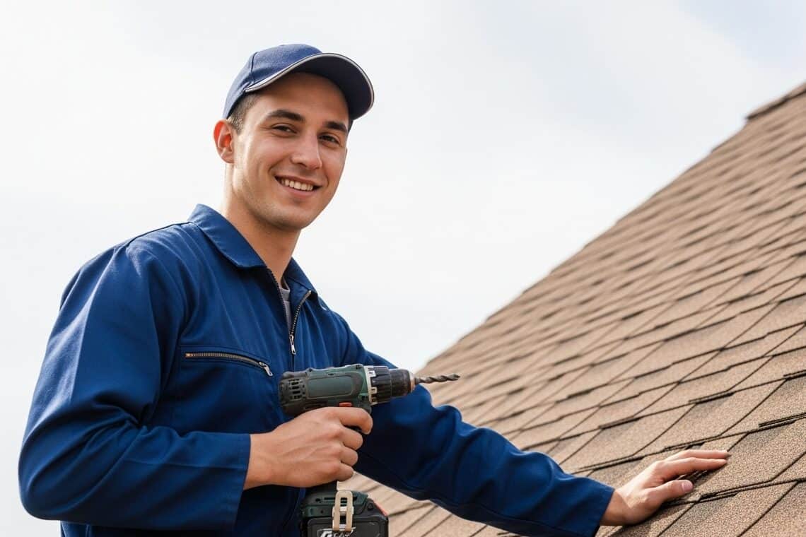 Smiling roofer in blue uniform standing on ladder beside brown shingle roof holding a cordless drill on a sunny day.
