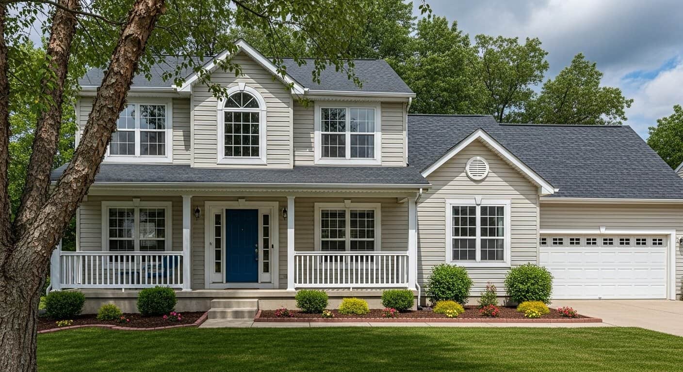 A two-story house with fresh vinyl siding and a new roof, featuring a welcoming front porch and bright blue door, perfect for a classic New England look.
