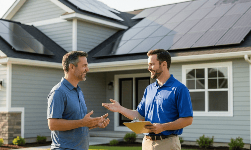 A solar consultant in a blue polo shirt stands with a clipboard, smiling and discussing options with a homeowner in front of a modern gray house equipped with rooftop solar panels.