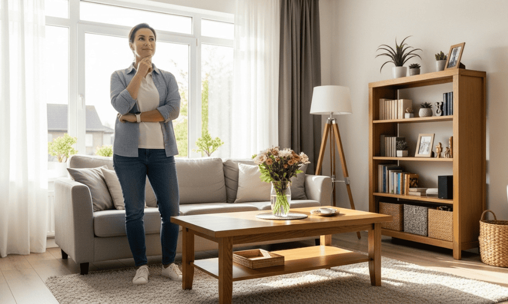 A thoughtful homeowner stands in a bright, modern living room with natural light streaming through large windows, considering upgrades that could improve comfort and efficiency.