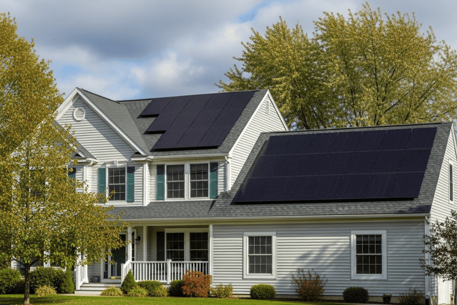 A two-story New England home with light gray siding and green shutters features newly installed black solar panels across both roof sections, blending efficiency with curb appeal.