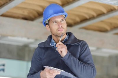 Blue safety helmet on man inspecting roof structure, construction worker evaluating roofing site, residential or commercial roofing project, professionalism in roofing services, quality roof inspection.
