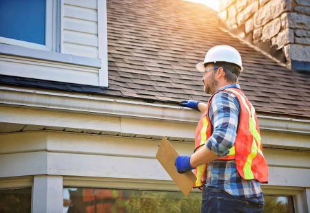 A man with hard hat standing on steps inspecting house roof