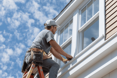 Expert roofer installing brand new high-quality windows on a nice New England home