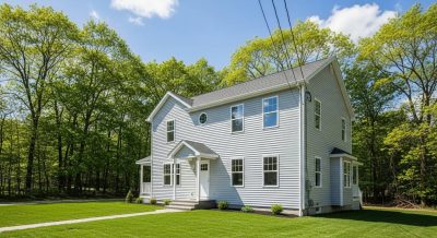 Two-story New England home with fresh vinyl siding and a new roof, surrounded by lush green trees and a well-kept lawn, highlighting the home’s updated exterior and curb appeal.