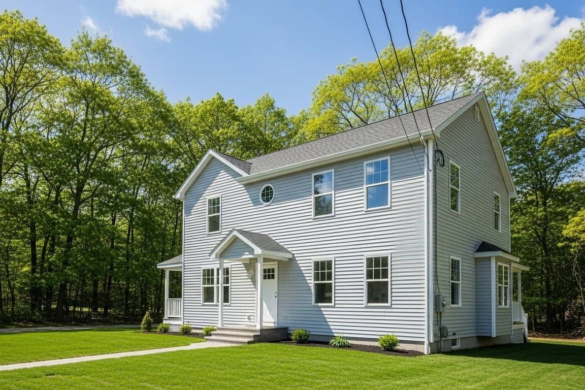 Two-story New England home with fresh vinyl siding and a new roof, surrounded by lush green trees and a well-kept lawn, highlighting the home’s updated exterior and curb appeal.