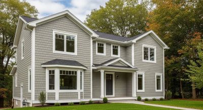 Stunning New England home featuring durable fiber cement siding in a light gray tone, paired with crisp white trim and a fresh roof, creating a timeless and weather-resistant exterior.