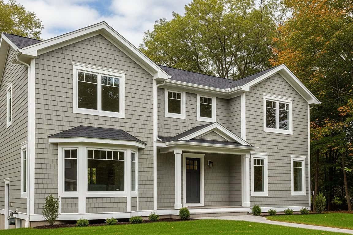 Stunning New England home featuring durable fiber cement siding in a light gray tone, paired with crisp white trim and a fresh roof, creating a timeless and weather-resistant exterior.