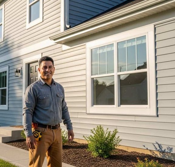 Friendly roofing professional standing outside a New England home with newly installed high-quality siding, showcasing expert craftsmanship and curb appeal.