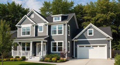 New England home featuring sleek, dark gray composite siding with crisp white trim and a fresh roof, delivering a modern, durable, and low-maintenance exterior with lasting curb appeal.