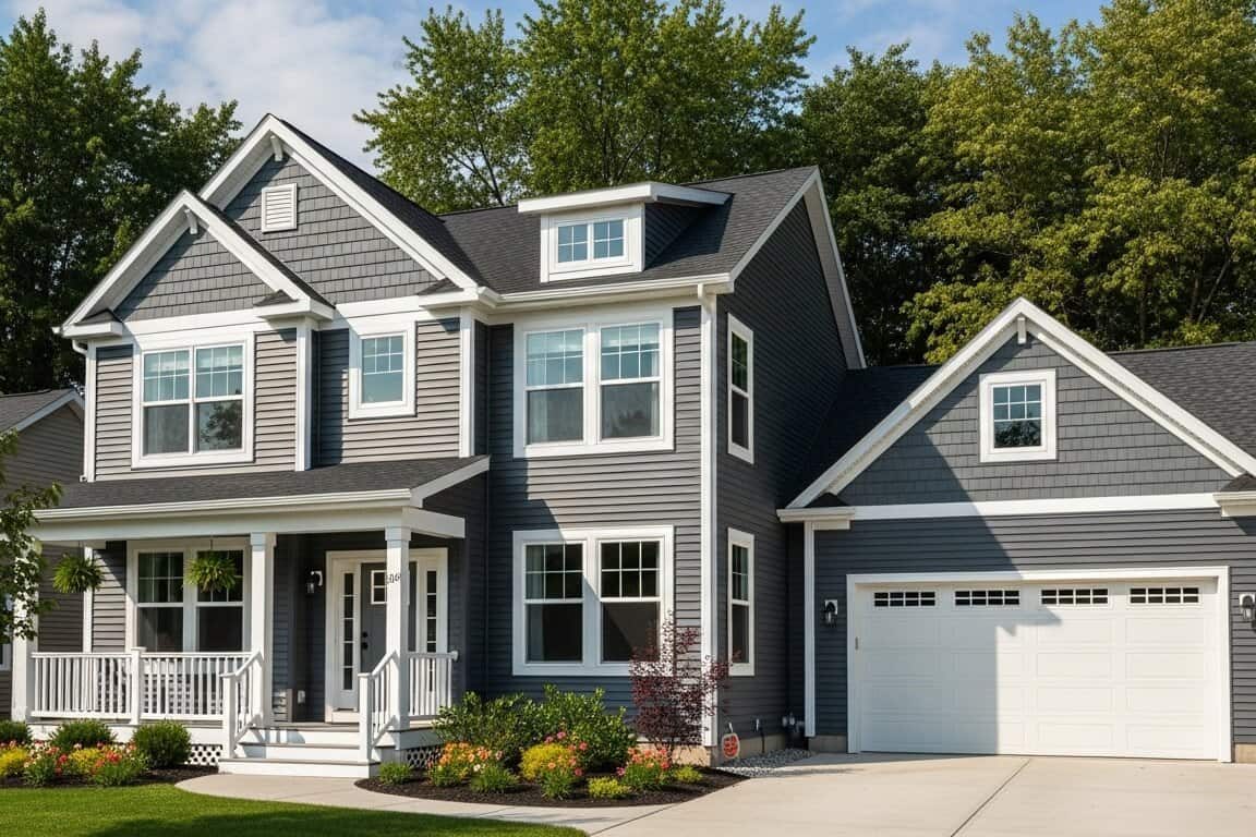 New England home featuring sleek, dark gray composite siding with crisp white trim and a fresh roof, delivering a modern, durable, and low-maintenance exterior with lasting curb appeal.